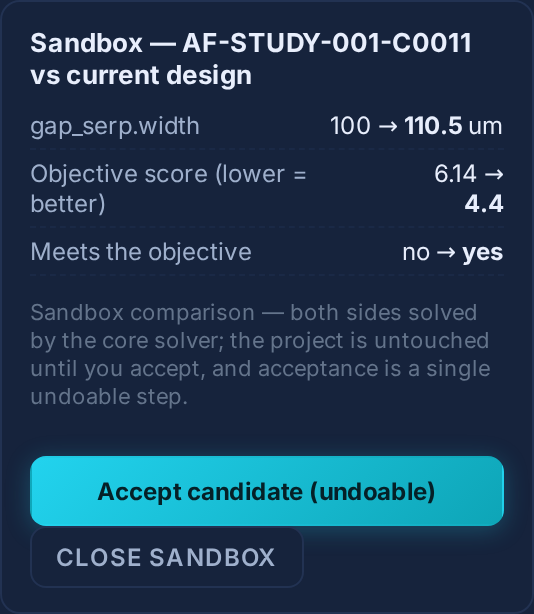 The candidate sandbox comparing the current design against a candidate, both solved