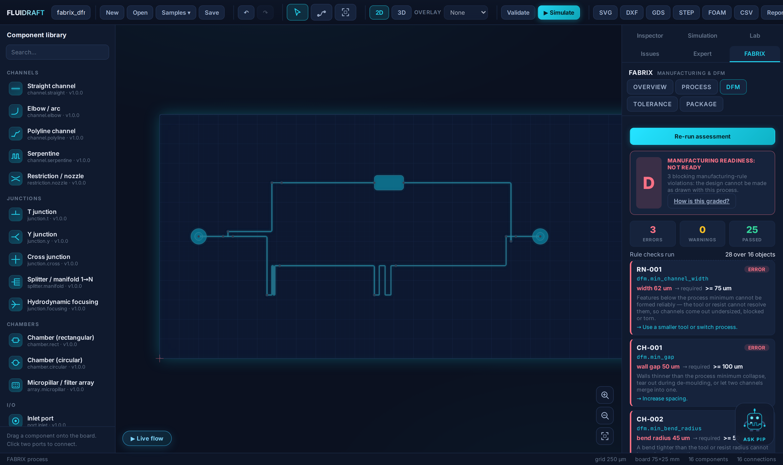 FABRIX inside Fluidraft: manufacturing readiness grade D with three object-level DFM findings next to the live CAD canvas