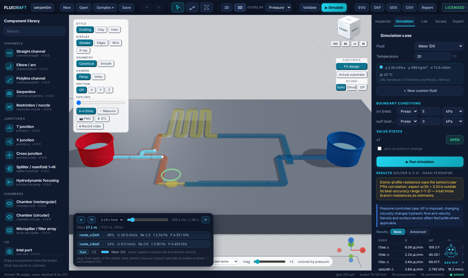 Fluidraft workbench: 3D viewport with live flow playback, per-branch telemetry and simulation results